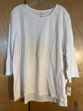Talbots White Cotton Lace-Shoulder 3/4 Sleeve Tunic